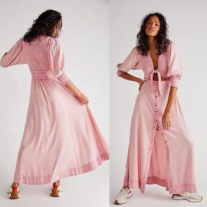 NEW Free People String of Hearts Maxi Dress Smocked Cutout Buttoned Pink